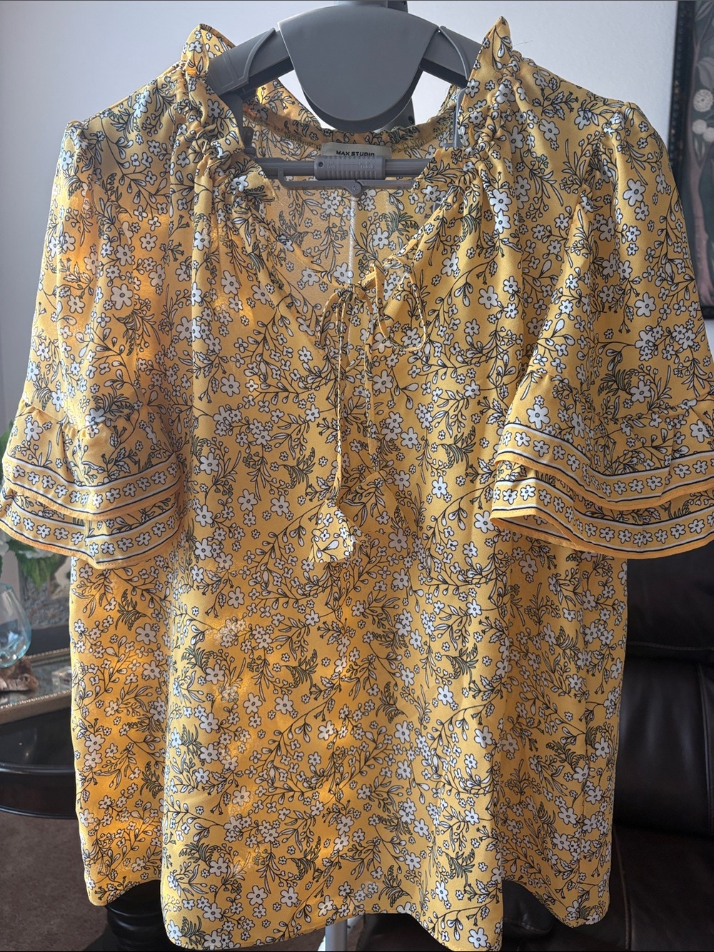 Max Studio Mustard Yellow Floral Tie-Front Blouse